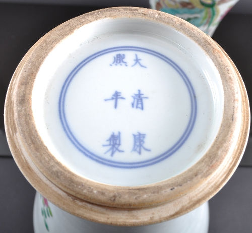 A pair of Chinese polychrome porcelain baluster shape vases, bearing Kangxi six character marks, - Image 3 of 3