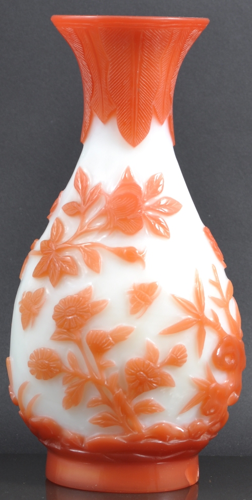 A Chinese cameo glass pear-shaped bottle vase, Peking style, bearing engraved four-character mark,