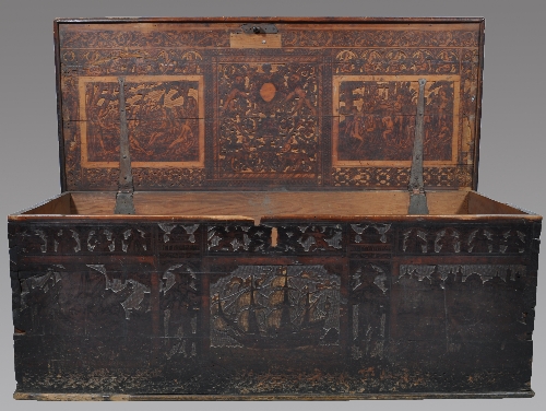 A carved and pen work cedar wood cassone, North Italian, basically 17th Century, the front panel - Image 2 of 2