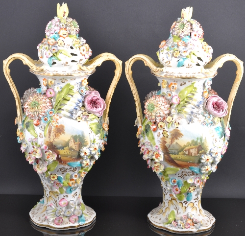 A pair of Coalbrookdale porcelain two-handled covered vases, circa 1840, ogee pierced domed lids and