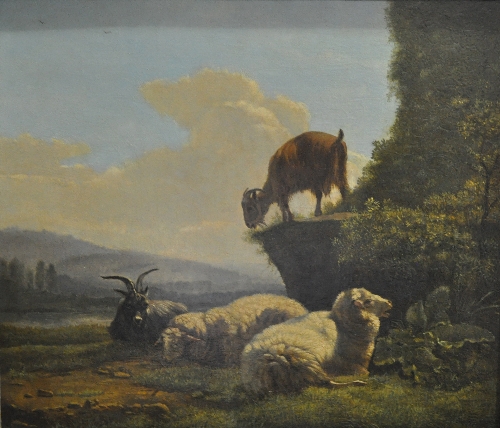 Ascribed to Balthasar Paul Ommeganck, Sheep and Goats in a landscape, oil on panel, 28cm x 34cm.