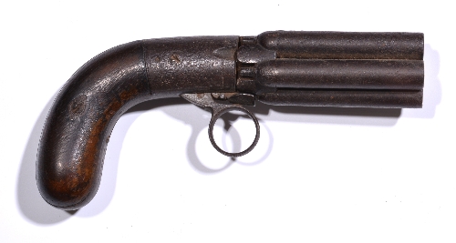 A Cooper's patent type pepperbox pistol, with five rifled 8.5cm barrels, ring trigger, under hammer,