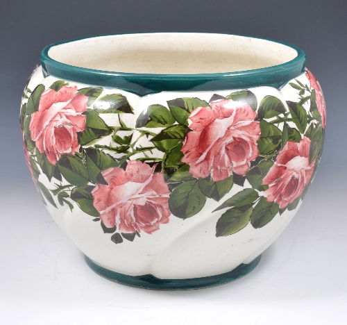 A large Wemyss pottery 'Coombe' jardiniere, "Cabbage Rose" design, retailed by T.Goode & Co,