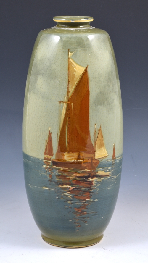 Two Minton art pottery vases with sailing vessels, dated 1921, one of ovoid form with narrow neck,