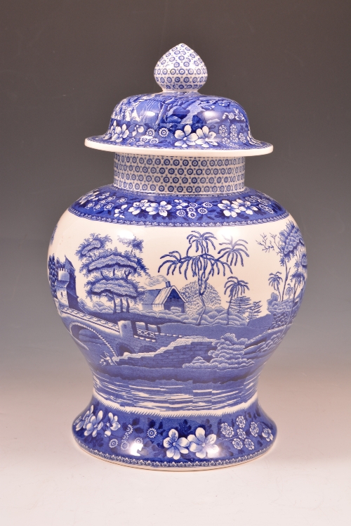 Spode printware baluster-shaped covered vase, "Blue Tower" pattern, 35cms.