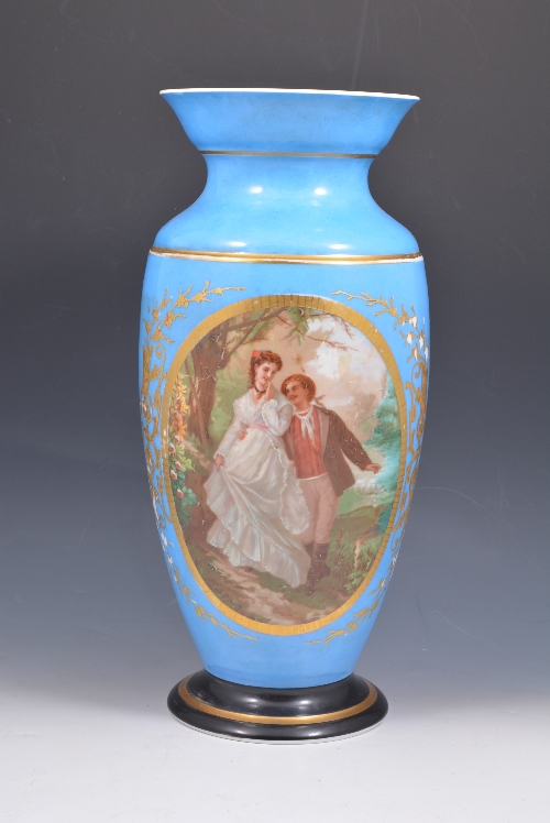 Viennese style porcelain vase, printed reserves of figures in a landscape setting, on a bleu celeste