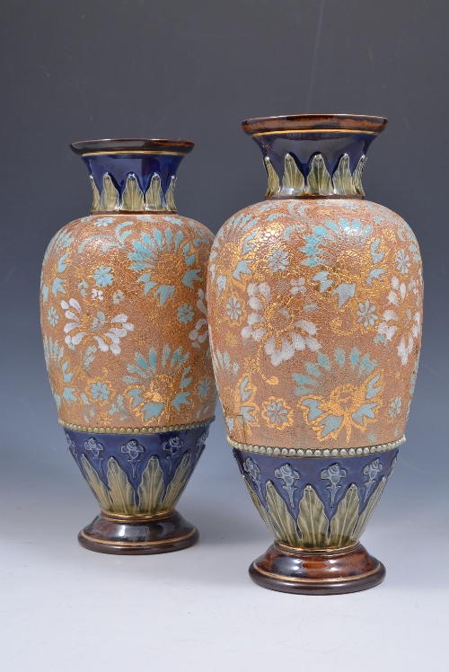 Pair of Royal Doulton Slater's Patent ovoid stoneware vases, floral decoration, No. 4461, 31cms.