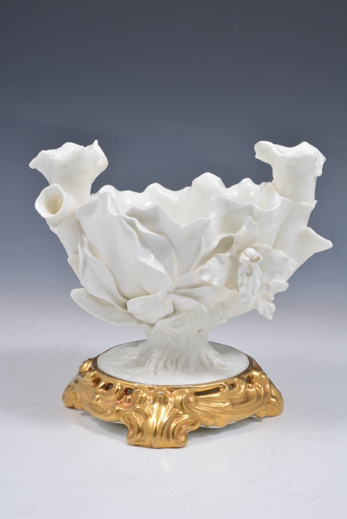 Moore Bros, white porcelain ornamental bowl, with twin flutes, applied floral decoration, gilt