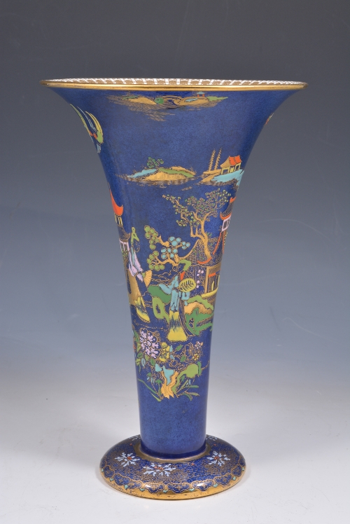 Carlton ware powder blue conical shaped vase, chinoiserie decoration in gilt and enamel, No. 2364,