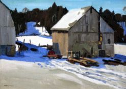 Anthony Law (Canadian, 1916-1996)oil on canvas board,A barn in winter,signed and dated 1937,9.5 x