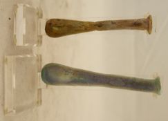 Two Roman glass unguentariums, 1st - 3rd century AD, with mineral iridescence to the glass, 4in. &