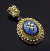 A Victorian gold, turquoise, split pearl and rose cut diamond set oval pendant locket, the setting