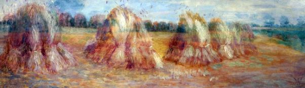 Willy Schlobach (1864-1954)oil on wooden panel,Cornstacks in a harvest field,monogrammed and dated