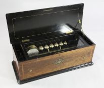 A late 19th century Swiss rosewood and marquetry inlaid music box, by Thomas Dawkins, (Geneva,