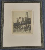Henri Farge (1884-1970)2 etchings,View of New York, signed, 8.5 x 6.75in. and Figures passing a