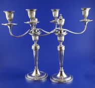 A pair of 19th century Old Sheffield plate two branch, two light candelabra, with fluted tapering