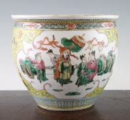 A Chinese famille rose goldfish bowl, late 19th century, painted with scenes of noblemen with