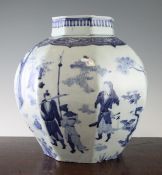 A Chinese blue and white octagonal vase, in Transitional style, painted with figures in a