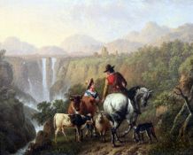 Charles Towne (1763-1840)oil on wooden panel,Travellers in an Italianate landscape with waterfalls,