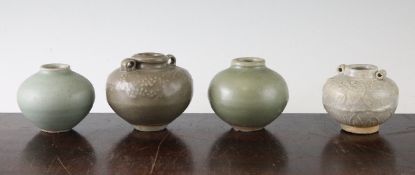 Four Chinese celadon jarlets, Song / Yuan dynasty, each of ovoid form, the first moulded in relief