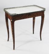 A 19th century French kingwood side table, with three quarter pierced brass gallery and marble