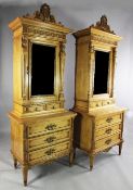 A pair of French sycamore and ormolu mounted display cabinets, with single glazed door between