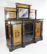A Victorian aesthetic ebonised amboyna ivory and specimen wood inlaid mirror back side cabinet, with