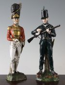 Two rare Dresden porcelain models of a Battle of Waterloo Scots Guards Officer and a 95th Rifleman