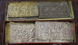 Eight pairs of Malaysian and Chinese Straits metal pillow end panels, late 19th / early 20th