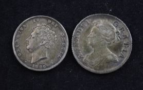 A Queen Anne shilling 1708 and a George IV shilling 1826