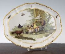 A rare Meissen bird painted lozenge shaped dish, Dot period, 1763-73, painted to the centre with a