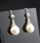 A pair of gold and silver, cultured baroque pearl and diamond drop earrings, set with old and rose