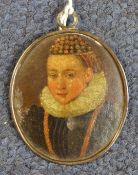 17th Century English Schooloil on copper,Miniature of a young woman with lace ruff and elaborate