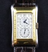 A 1930`s gentleman`s Rolex Prince `Brancard` wrist watch with steel and gold plated case, arabic