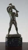 A Roman bronze figure of Aquarius, 3rd / 4th century AD, on a rectangular green marble base, 7.5in.