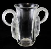 A Rene Lalique Thibet glass vase, etched mark to base, see Marcilhac 1083, 20.5cm.