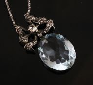 An early 20th century gold and silver, aquamarine and old mine cut diamond drop pendant necklace,