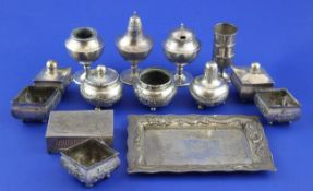 Three Chinese silver three-piece condiment sets, one by Zee Wo, two salts, a miniature spill vase,