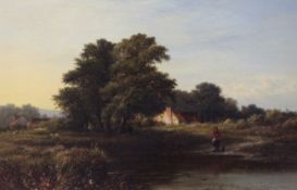 Walter Williams (1835-1906)oil on canvas,River landscape with figure at a ford and sheep beyond,