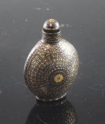A Laque Burgaute snuff bottle, Japanese 1860-1930, of flattened ovoid form, intricately inlaid in