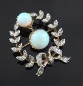 An Edwardian gold and silver, white opal and diamond set drop pendant brooch, of oval form, with two