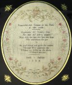 A George III oval needlepoint sampler, with central verse, named and dated Sarah Jenkins 1804, in