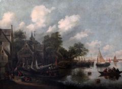 Attributed to Thomas Heeremans (fl.1660-1697)oil on canvas,Dutch river landscape,24 x 32.5in.