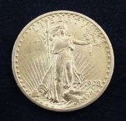 A US 1908 St Gaudens gold 20 dollar, no mint mark, VF