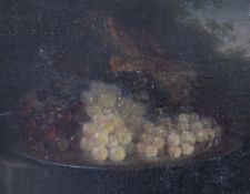 Attributed to Nicolae Grigorescu (1838 - 1907)oil on wooden panel,Still life of grapes on a pewter