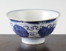 A Chinese blue and white `lion and medallion` bowl, Chenghua mark but late 16th century, the lions