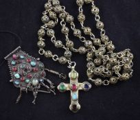 An early 20th century Russian? turquoise and coloured paste set crucifix pendant on a pierced ball