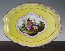 A Meissen yellow ground lozenge shaped dish, late 19th century, painted to the central quatre