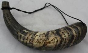A Crimean War powder horn, `Leo Lewis, Light Division`, variously engraved with significant battle