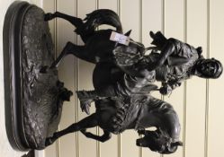 A late 19th/early 20th century French patinated spelter equestrian group, Cavalier Arabe, after